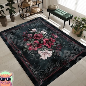 Dark Floral Gothic Rug - Vintage Rose and Lily Area Rug - Romantic Victorian Home Decor - Unique Gift for Floral and Gothic Lovers