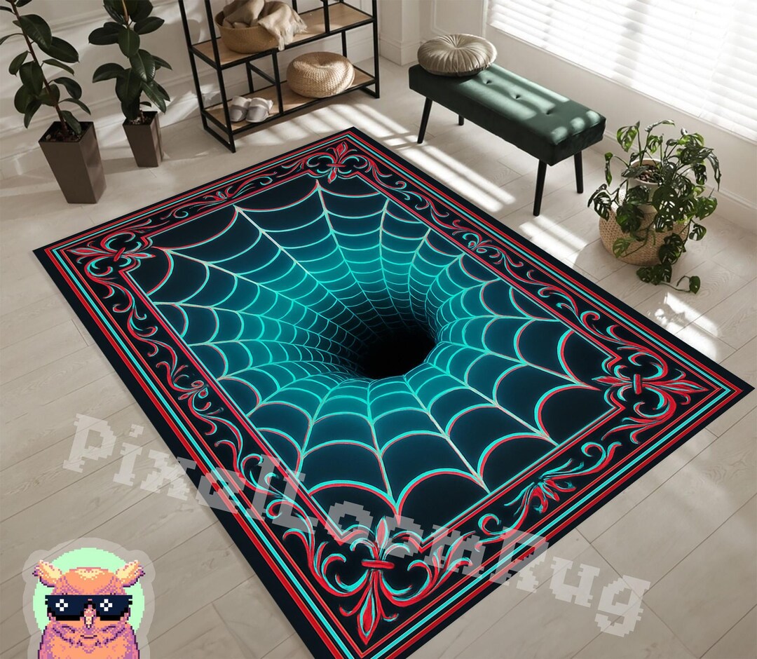 Gothic Spider Web Rug: Neon Red and Cyan Blue Illusion Carpet - Etsy