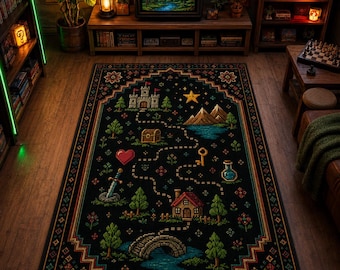 Fantasy RPG Gaming Rug, Pixel Art Gamer Room Decor