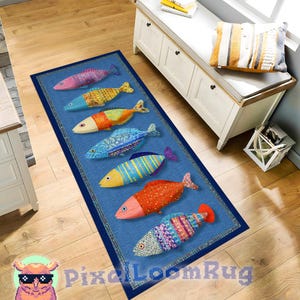 Colorful Fish Rug Runner, Whimsical Hallway Rug, Coastal Accent Rug for Entryway, Non Slip Blue Carpet, Ocean Theme Home Decor