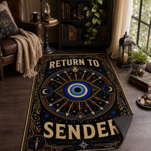 Op de afbeelding: Een rechthoekig vloerkleed met een zwarte achtergrond en gouden, blauwe en witte accenten. Het ontwerp bevat een centraal blauw oog, pijlen, een hamsa-hand en de tekst RETURN TO SENDER in grote gouden letters met decoratieve randen.