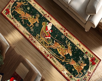 May include: A rectangular runner rug featuring a dark green background with a festive Christmas scene of Santa Claus in a sleigh pulled by reindeer. The border is decorated with gold scrollwork, red poinsettias, and holly berries.