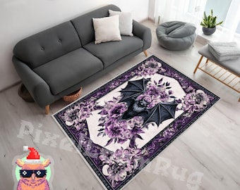 Gothic Bat Area Rug, Purple Rococo Style Bedroom Decor