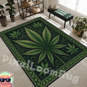 Psychedelic Cannabis Leaf Area Rug, Boho Living Room Decor image 1