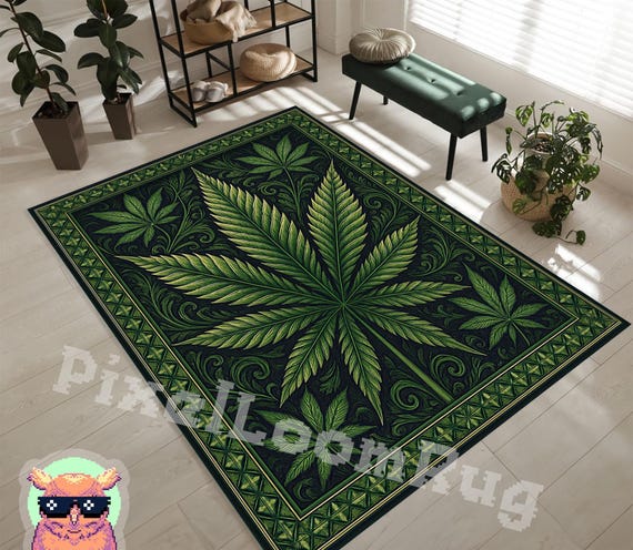 Psychedelic Cannabis Leaf Area Rug, Boho Living Room Decor