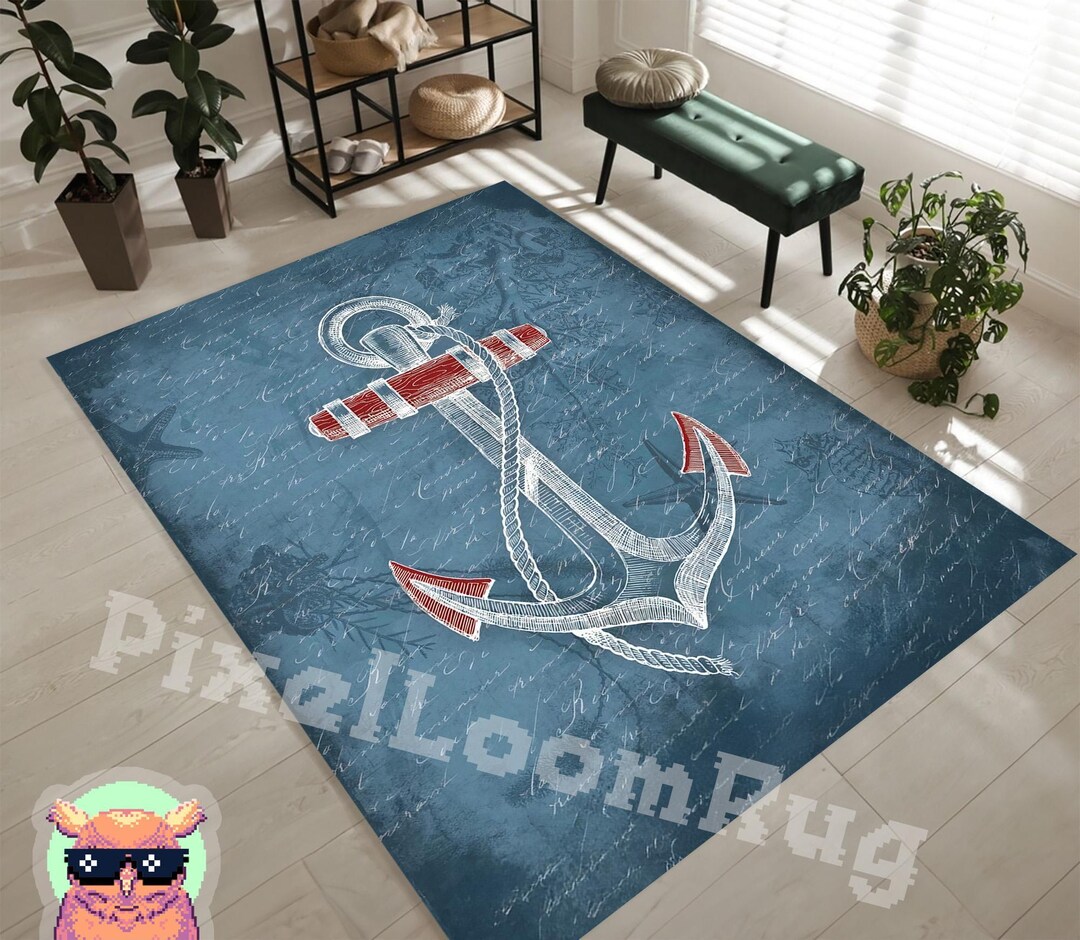Nautical Anchor Rug: Coastal Blue With Red Accents for Beach House - Etsy