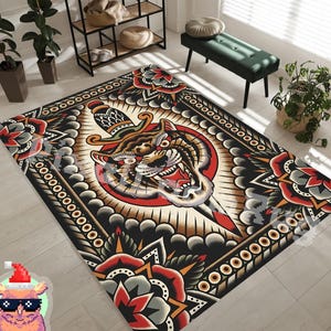 Tattoo Design Rug, Tiger Themed Rug, Traditional Tattoo Rug, Custom Rug, Popular Rug, Cheap Rug, Living Room, Personalized Gift,Gift For