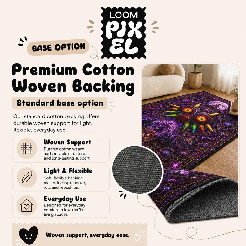 The image is an advertisement for a premium cotton woven backing rug. It features a close-up of the rug with a detailed image of the design, and it highlights the rug's features such as the woven support, light and flexible design, and everyday use.