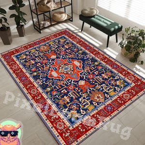 Traditional Persian-Inspired Rug, Vintage Style Blue and Red Area Rug, Living Room Accent Carpet,Home Décor Gift, Unique Bohemian Floor Mat