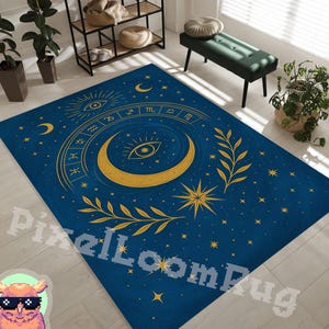 Alfombra del Zodíaco Azul Medianoche: Diseño Místico de Luna y Ojo en Dorado. Alfombra de inspiración astrológica para una decoración bohemia y celestial.