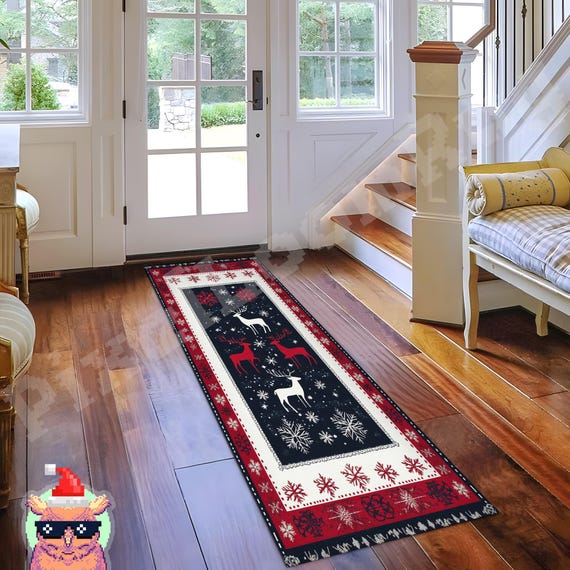 Christmas Runner Rug, Festive Reindeer Entryway Decor