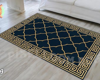 Alfombra con diseño de greca griega, decoración moderna para sala de estar en azul marino y dorado.