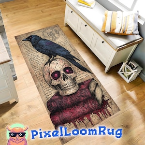 Gothic Raven And Skull Runner Rug, Vintage Macabre Design, Halloween Gothic Decor For Hallway Or Entryway, Dark Academia Aesthetic Carpet