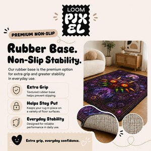 The image is an advertisement for a non-slip rubber base rug with a variety of features, including extra grip, everyday stability, and a non-slip base.