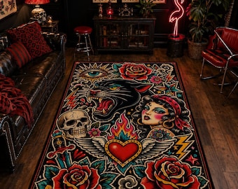 May include: A rectangular area rug featuring a black panther head, a human face with a red bandana, a skull, a winged heart, a dagger, and red roses. The design incorporates lightning bolts, an eye, and clouds in a bold, multi-colored tattoo style.