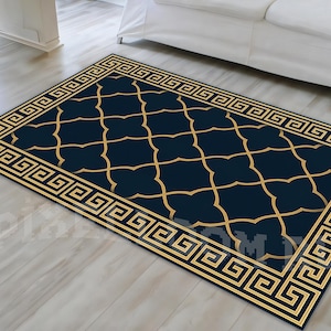 Navy and Gold Geometric Rug with Greek Key Border, Minimalist Luxe Carpet for Modern Living Room, Office or Entryway Interior Statement