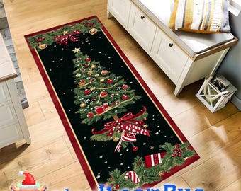 May include: A rectangular runner rug featuring a black background with a central Christmas tree decorated with red and gold ornaments, candy canes, and ribbons. The border is red, and the design includes pine branches and gift boxes.