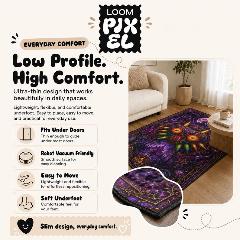 The image is an advertisement for a rug with a dragon design, featuring a living room setting with a couch and a potted plant.