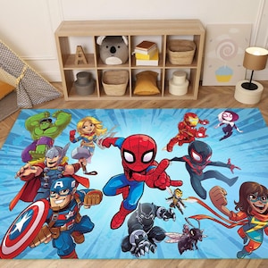 Superhero Kids Rug, Colorful Playroom Bedroom Decor