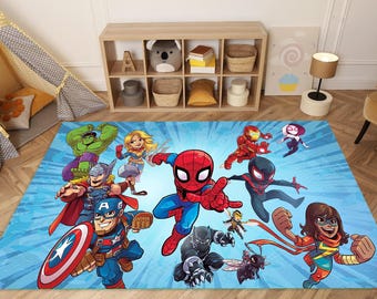 Superhero Kids Rug, Colorful Playroom Bedroom Decor