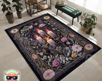 Mystical Candle Floral Rug - Witchy Aesthetic Area Carpet - Celestial and Botanical Decor - Unique Gift for Mystical and Gothic Enthusiasts