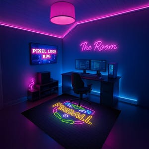 Pinball Gamer Rug: Neon Arcade Floor Mat (Soft, Fade-Resistant)