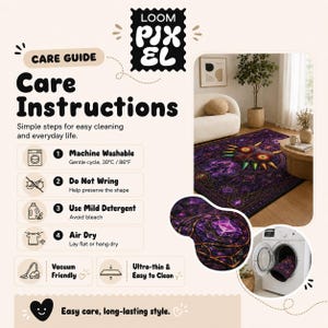 a care guide for a rug, providing instructions on how to care for the rug. The guide includes steps for machine washing, not wringing, using mild detergent, air drying, and using a vacuum. The rug is displayed in a living room setting, and there is a picture of the rug to illustrate the care instructions.
