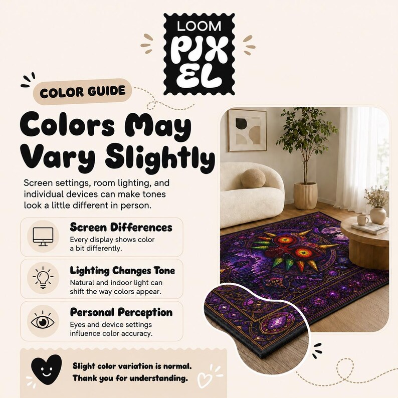 The image is a color guide for various settings and devices that can make colors look different in person. It features a color guide with text and a color guide image, along with a description of how screen settings, room lighting, and individual devices can create color variations.