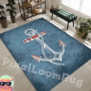 Nautical Anchor Rug Coastal Style – Ocean Blue Area Rug for Beach House, Entryway or Living Room, Seaside Theme Nautical Decor