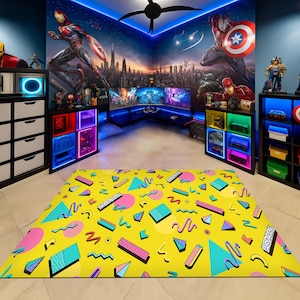 Retro Arcade Carpet, Colorful Trippy Area Rug, 80s 90s Accent Floor Mat,Game Room,4 Different Color Variants, Home Theater Decor, Gamer Gift