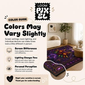 The image is a color guide for various settings and devices that can make colors look different in person. It features a color guide with text and a color guide image, along with a description of how screen settings, room lighting, and individual devices can create color variations.