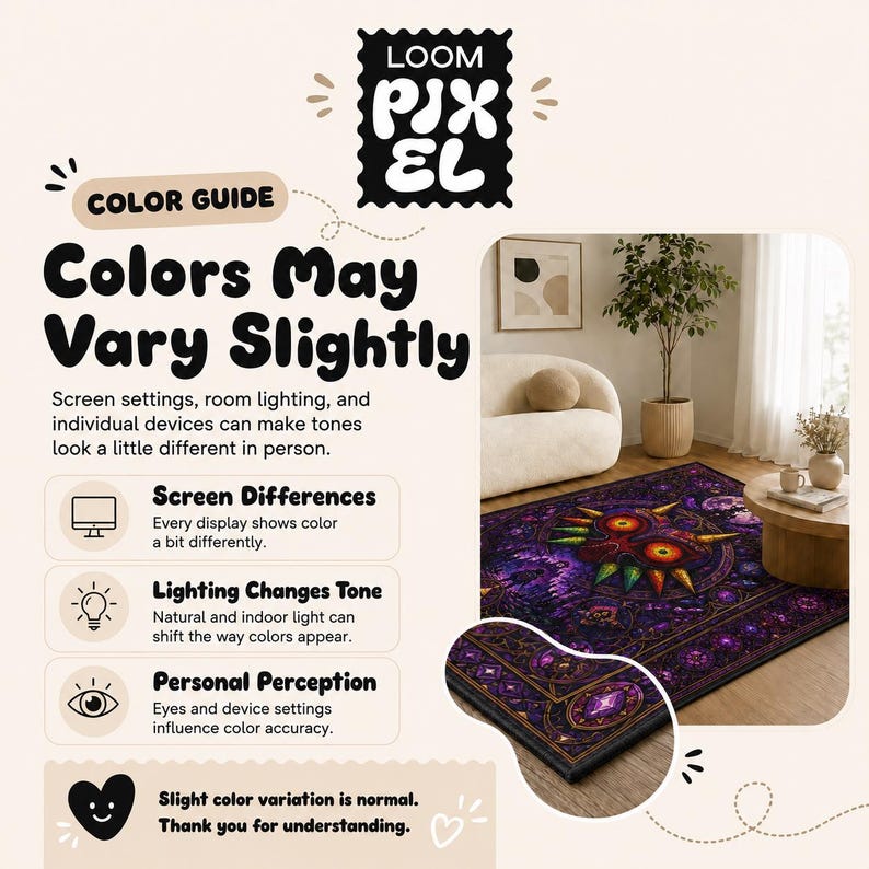 The image is a color guide for various settings and devices that can make colors look different in person. It features a color guide with text and a color guide image, along with a description of how screen settings, room lighting, and individual devices can create color variations.