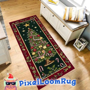 May include: A rectangular runner rug featuring a dark green center with a decorated Christmas tree, candy canes, and gift boxes. The border is deep red with a green holly leaf pattern. The text PixelLoomRug appears in blue pixelated font.