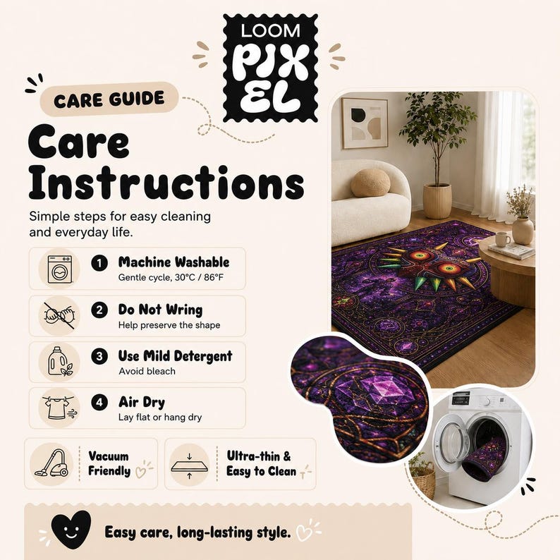 a care guide for a rug, providing instructions on how to care for the rug. The guide includes steps for machine washing, not wringing, using mild detergent, air drying, and using a vacuum. The rug is displayed in a living room setting, and there is a picture of the rug to illustrate the care instructions.