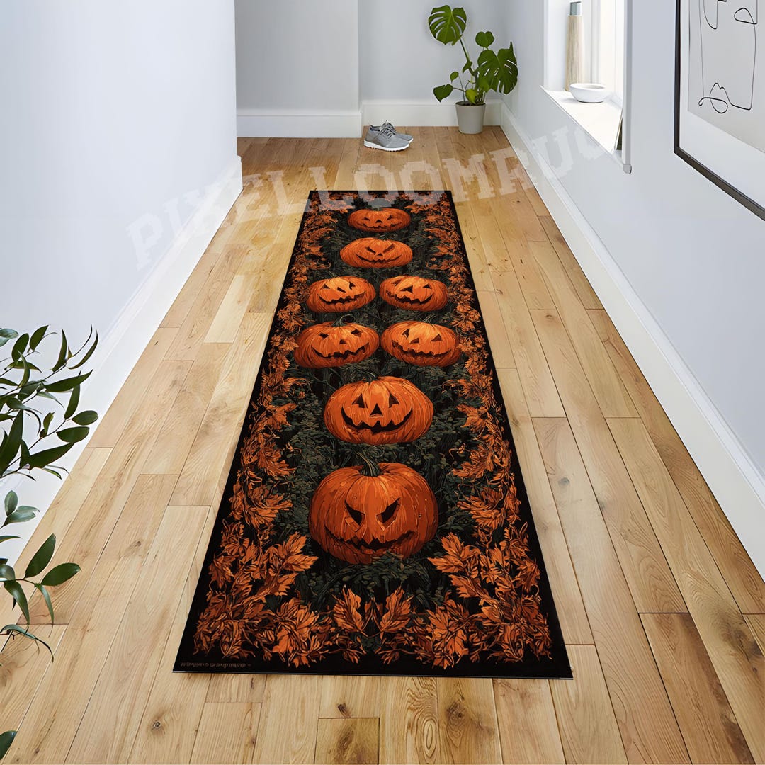 Pumpkin Face Halloween Runner Rug With Spooky Autumn Leaves Design ...