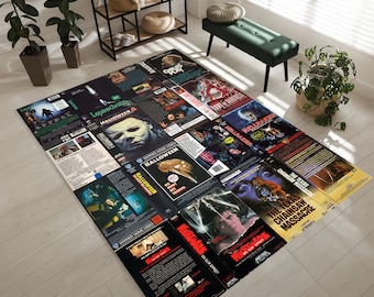 VHS Case Themed Horror , 80&#39;s Nostalgic Rug, Movie Room Rug,Nostalgic Retro Style Rug, Home Theater TV Room Rug,Classic Horror Movies Rug