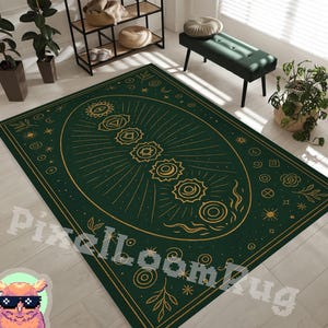 Kunsttapijt hemelchakra voor meditatieruimte – diepgroen boho-sterrenkaartontwerp, zachte spirituele vloermat voor yogaruimte of heilig decor
