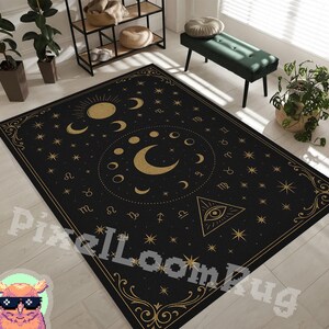 Mystical Celestial Rug with Zodiac Signs – Gold Moon Phase and All-Seeing Eye Carpet, Spiritual Astrology Decor for Witches and Dreamers