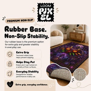 The image is an advertisement for a non-slip rubber base rug with a variety of features, including extra grip, everyday stability, and a non-slip base.