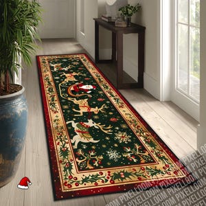 May include: A long rectangular runner rug featuring a dark green center with a repeating pattern of Santa Claus in a sleigh pulled by reindeer, accented by white snowflakes. The border is cream with red holly berries and green leaves.