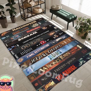 Retro Horror VHS Case Rug with Cult Classic Movie Spines, 80s 90s Slasher Film Carpet for Home Theater, Halloween Decor or Creepy Gift