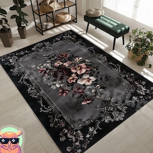 Victorian Floral Rug - Elegant Dark Rose and Lily Design - Romantic Gothic Area Rug - Unique Gift for Vintage and Floral Home Decor Lovers