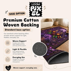 The image is an advertisement for a premium cotton woven backing rug. It features a close-up of the rug with a detailed image of the design, and it highlights the rug's features such as the woven support, light and flexible design, and everyday use.