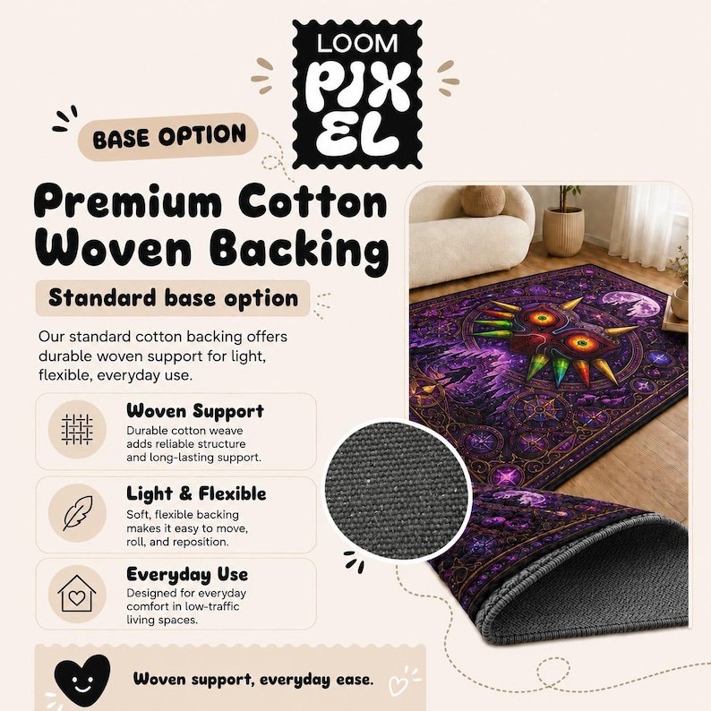 The image is an advertisement for a premium cotton woven backing rug. It features a close-up of the rug with a detailed image of the design, and it highlights the rug's features such as the woven support, light and flexible design, and everyday use.