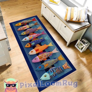 Colorful Fish Rug Runner, Whimsical Hallway Rug, Coastal Accent Rug for Entryway, Non Slip Blue Carpet, Ocean Theme Home Decor