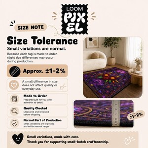 The image is a collage of two images. The collage features a rug and a couch, with text providing information about the rug's size tolerance.