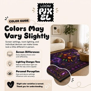 The image is a color guide for various settings and devices that can make colors look different in person. It features a color guide with text and a color guide image, along with a description of how screen settings, room lighting, and individual devices can create color variations.