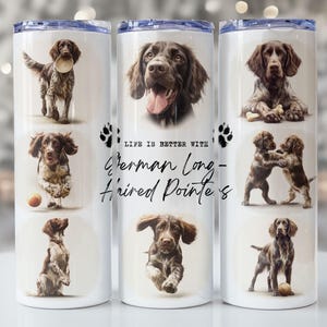 May include: Three white stainless steel tumblers with images of German Longhaired Pointers. The tumblers feature various poses of the dogs, with the text "LIFE IS BETTER WITH German Long-Haired Pointers" and paw prints.