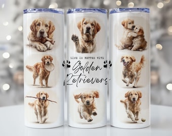 Diseño de vaso Golden Retriever, vaso delgado de 20 oz con sublimación, descarga digital instantánea PNG, diseño para amantes de los perros.