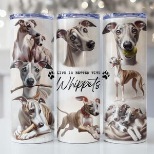 Op de afbeelding: Drie roestvrijstalen bekers met afbeeldingen van Whippet-honden. De bekers hebben een witte achtergrond en de tekst "LIFE IS BETTER WITH WHIPPETS". De honden worden in verschillende poses getoond.